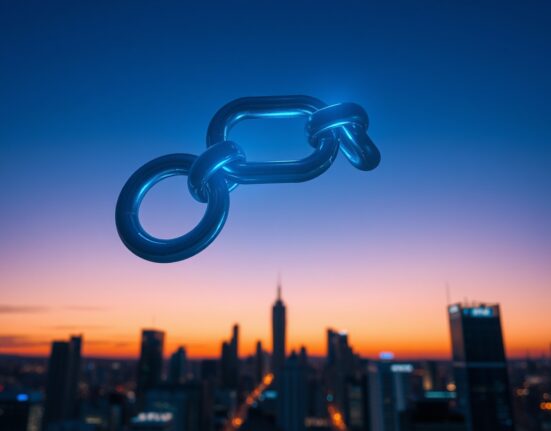 Glowing digital Chainlink symbol over a city skyline at dusk, representing cryptocurrency and blockchain technology.