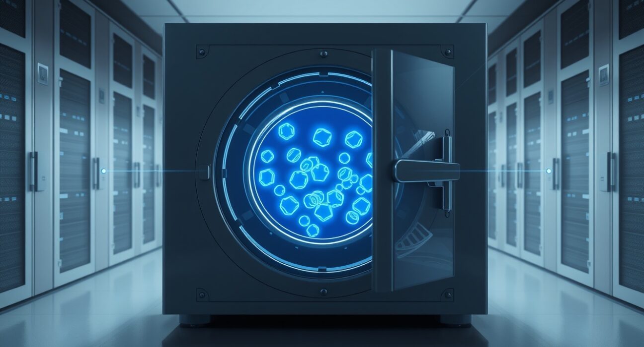 Chainlink token unlock visualization showing digital vault release to cryptocurrency exchange