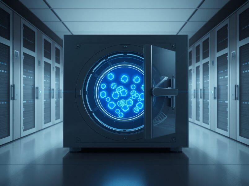 Chainlink token unlock visualization showing digital vault release to cryptocurrency exchange