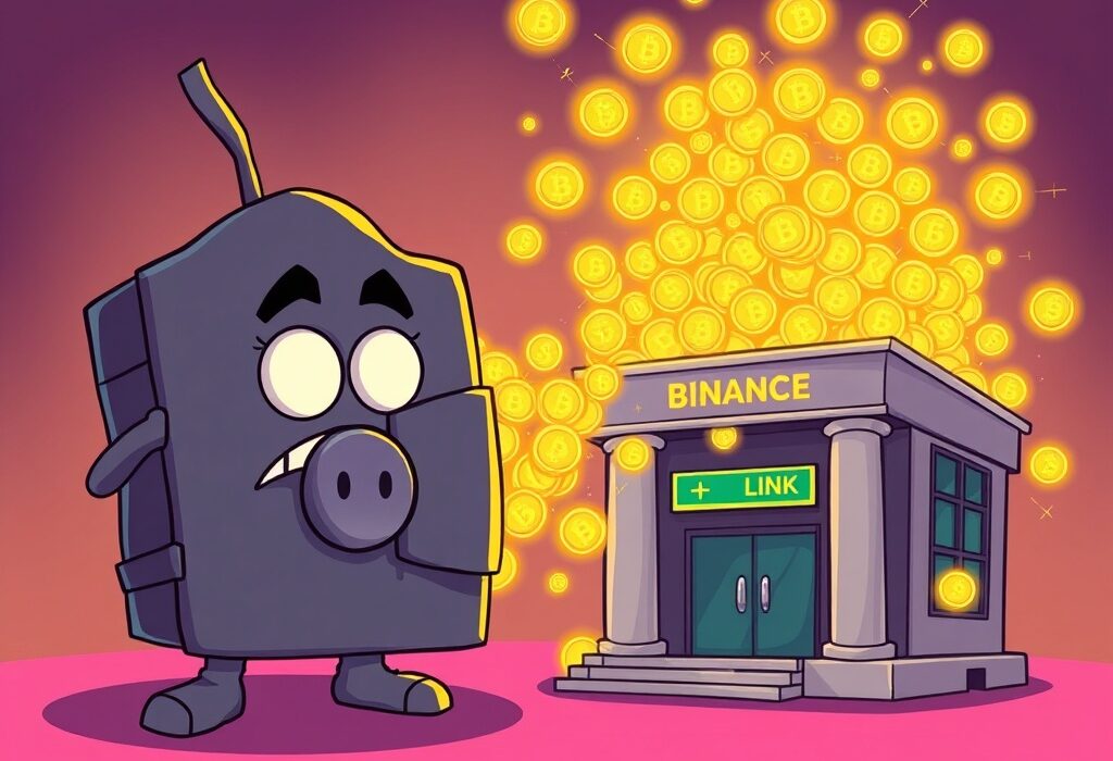 A cartoon illustration showing a significant Chainlink (LINK) withdrawal from a crypto exchange, symbolizing large whale activity.