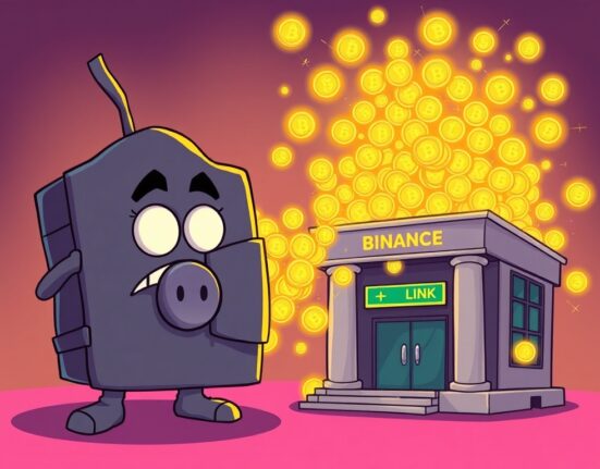 A cartoon illustration showing a significant Chainlink (LINK) withdrawal from a crypto exchange, symbolizing large whale activity.