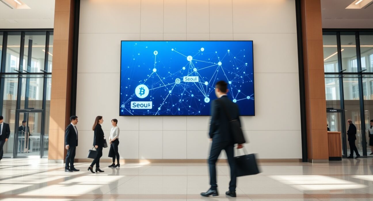 Digital screen showing blockchain network connecting South Korea and Europe in a modern bank lobby