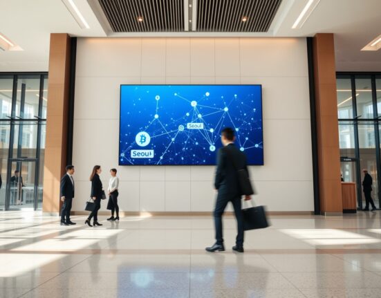 Digital screen showing blockchain network connecting South Korea and Europe in a modern bank lobby