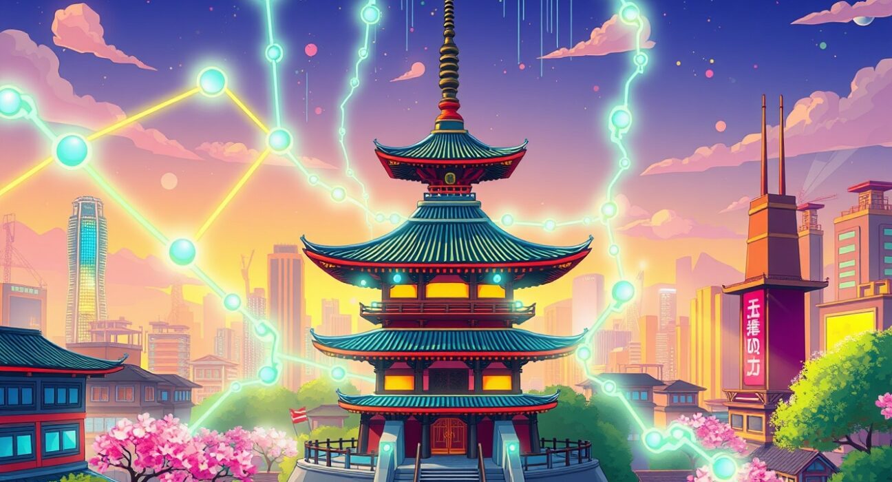 Chainlink partnership illustration connecting Japanese finance with blockchain technology through digital chains