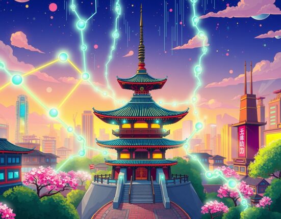 Chainlink partnership illustration connecting Japanese finance with blockchain technology through digital chains