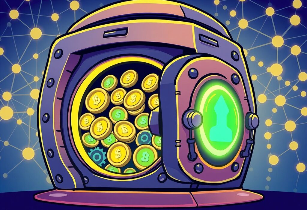 A cartoon illustration showing the Chainlink Reserve automatically accumulating LINK token, symbolizing growth within the Chainlink ecosystem.