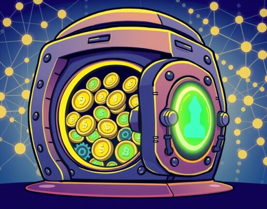 A cartoon illustration showing the Chainlink Reserve automatically accumulating LINK token, symbolizing growth within the Chainlink ecosystem.