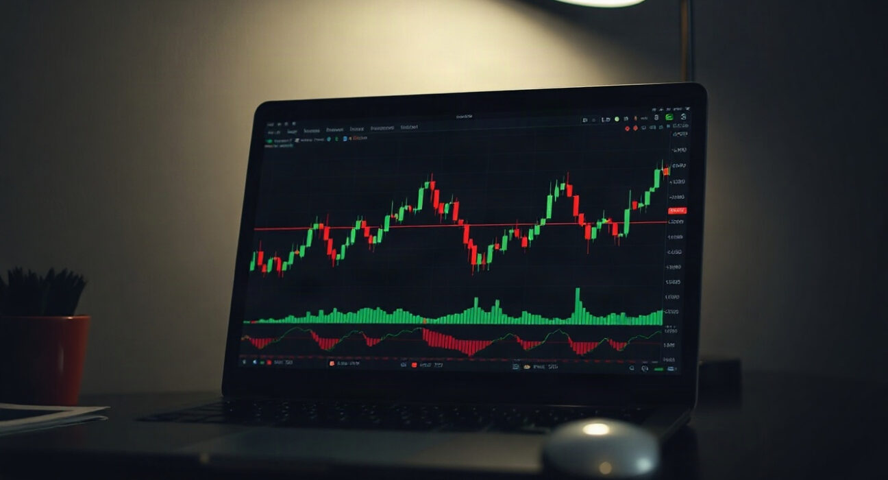 Cryptocurrency price charts on a laptop screen, illustrating market analysis for Bitcoin, Ripple, and Chainlink.