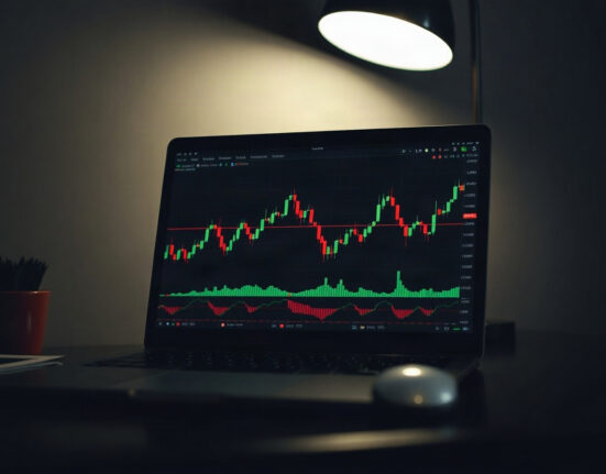 Cryptocurrency price charts on a laptop screen, illustrating market analysis for Bitcoin, Ripple, and Chainlink.
