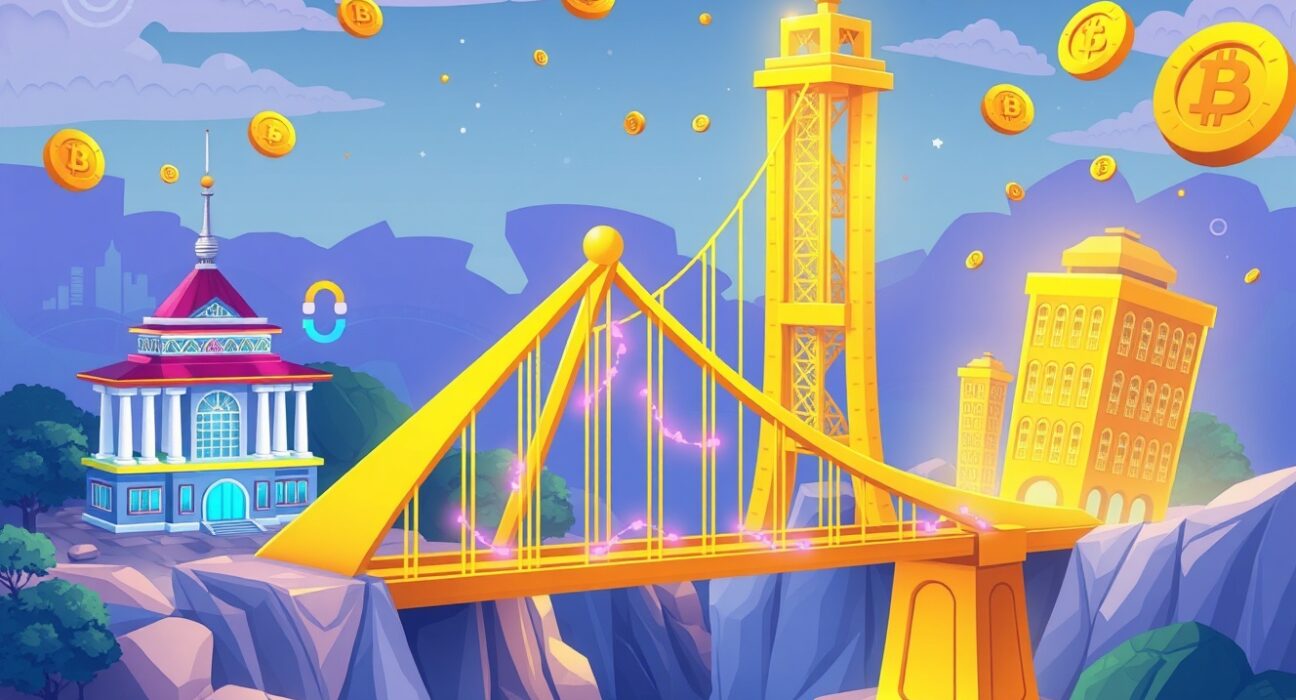 Chainlink spot ETF bridging traditional finance with blockchain technology through colorful nodes