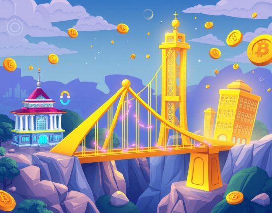 Chainlink spot ETF bridging traditional finance with blockchain technology through colorful nodes