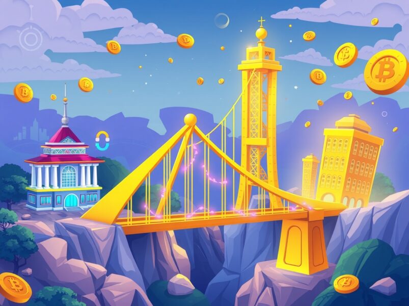 Chainlink spot ETF bridging traditional finance with blockchain technology through colorful nodes