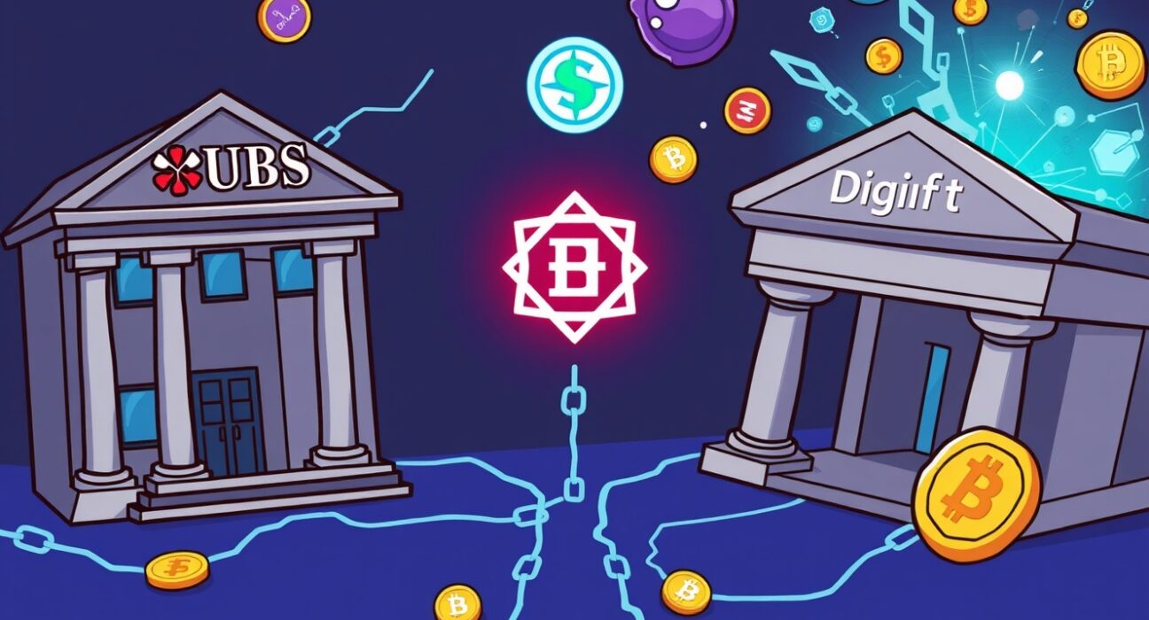 Cartoon showing Chainlink tokenized funds connecting traditional finance with digital assets, symbolizing automated on-chain investment.