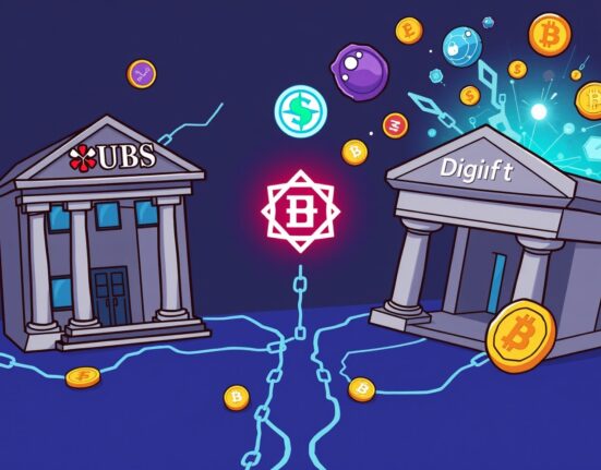 Cartoon showing Chainlink tokenized funds connecting traditional finance with digital assets, symbolizing automated on-chain investment.