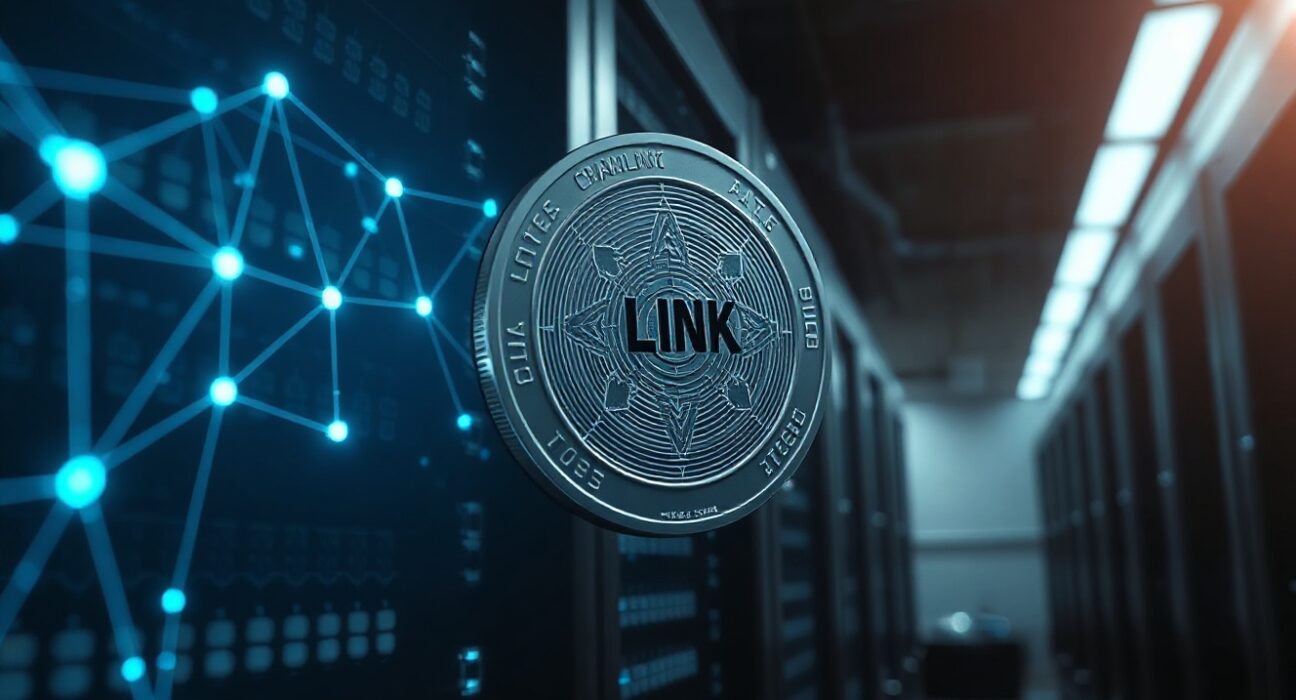 Chainlink LINK token with blockchain network background in a data center setting
