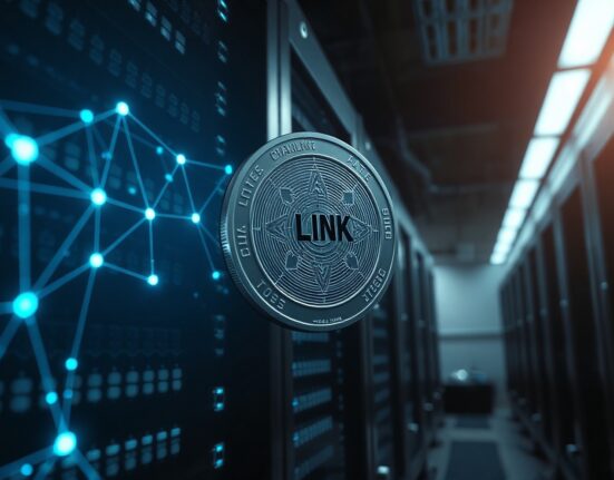Chainlink LINK token with blockchain network background in a data center setting