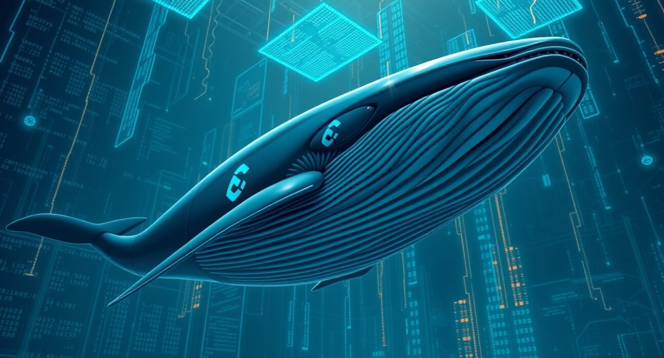 Digital whale swimming through data streams representing Chainlink accumulation by large investors