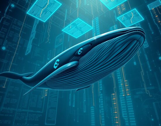Digital whale swimming through data streams representing Chainlink accumulation by large investors