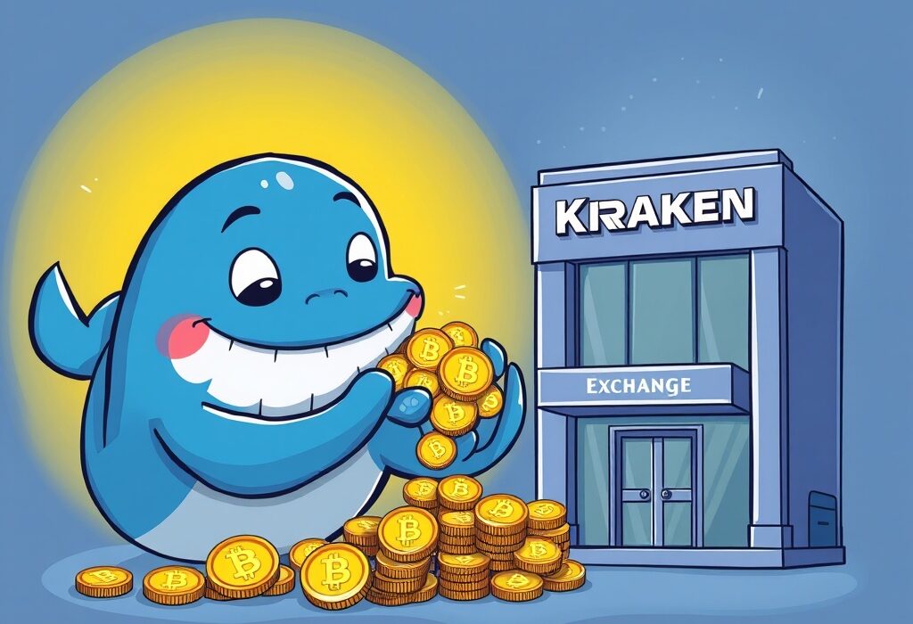 A cartoon whale depositing Chainlink (LINK) tokens into Kraken, symbolizing a significant Chainlink whale move and potential market impact.