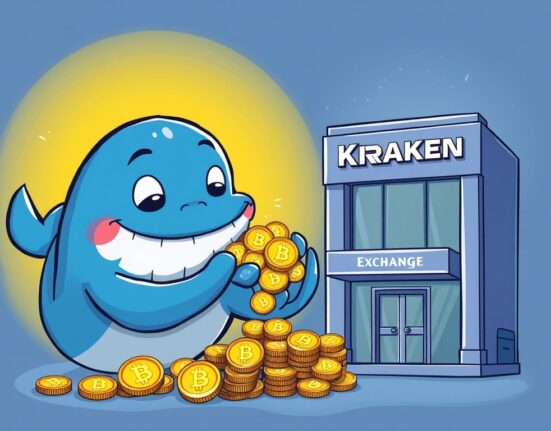 A cartoon whale depositing Chainlink (LINK) tokens into Kraken, symbolizing a significant Chainlink whale move and potential market impact.