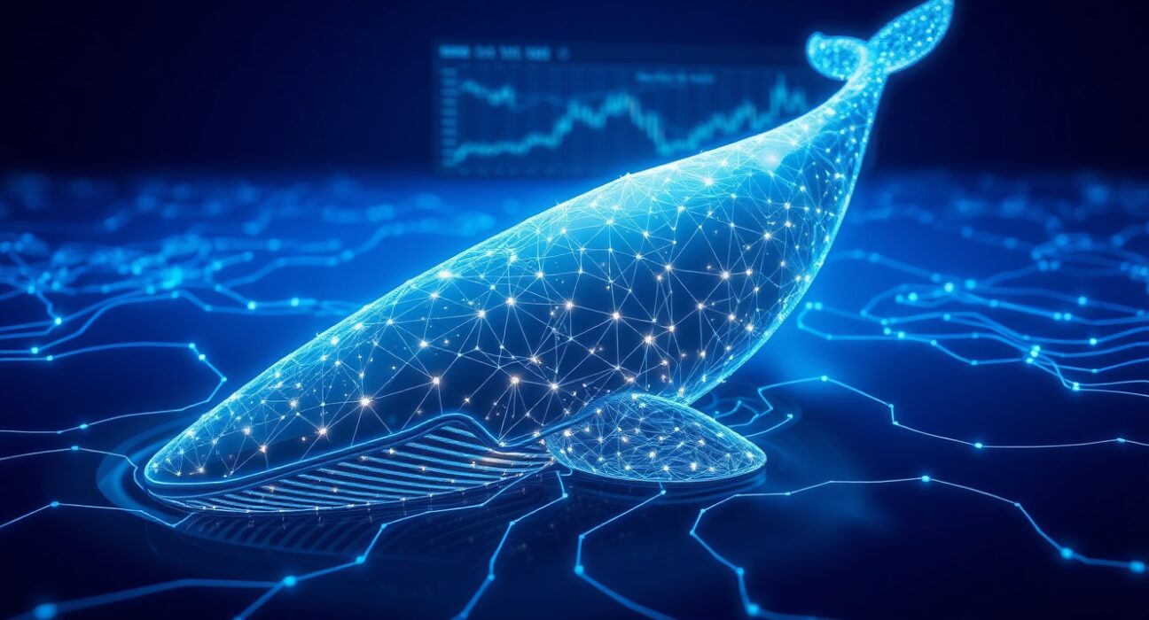 A Chainlink whale symbol moving digital assets, representing a major cryptocurrency transaction and profit realization.