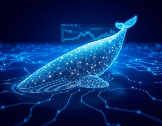 A Chainlink whale symbol moving digital assets, representing a major cryptocurrency transaction and profit realization.