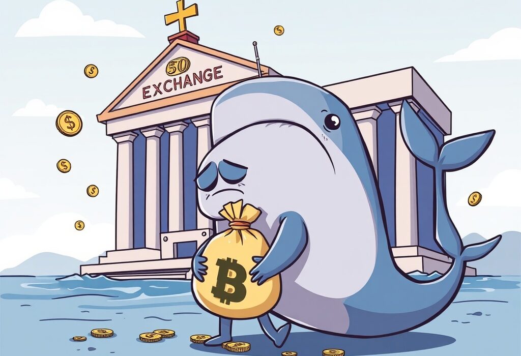 A cartoon whale sadly watches a significant Chainlink whale transfer of LINK tokens to Binance, highlighting a crypto market loss.