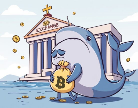 A cartoon whale sadly watches a significant Chainlink whale transfer of LINK tokens to Binance, highlighting a crypto market loss.