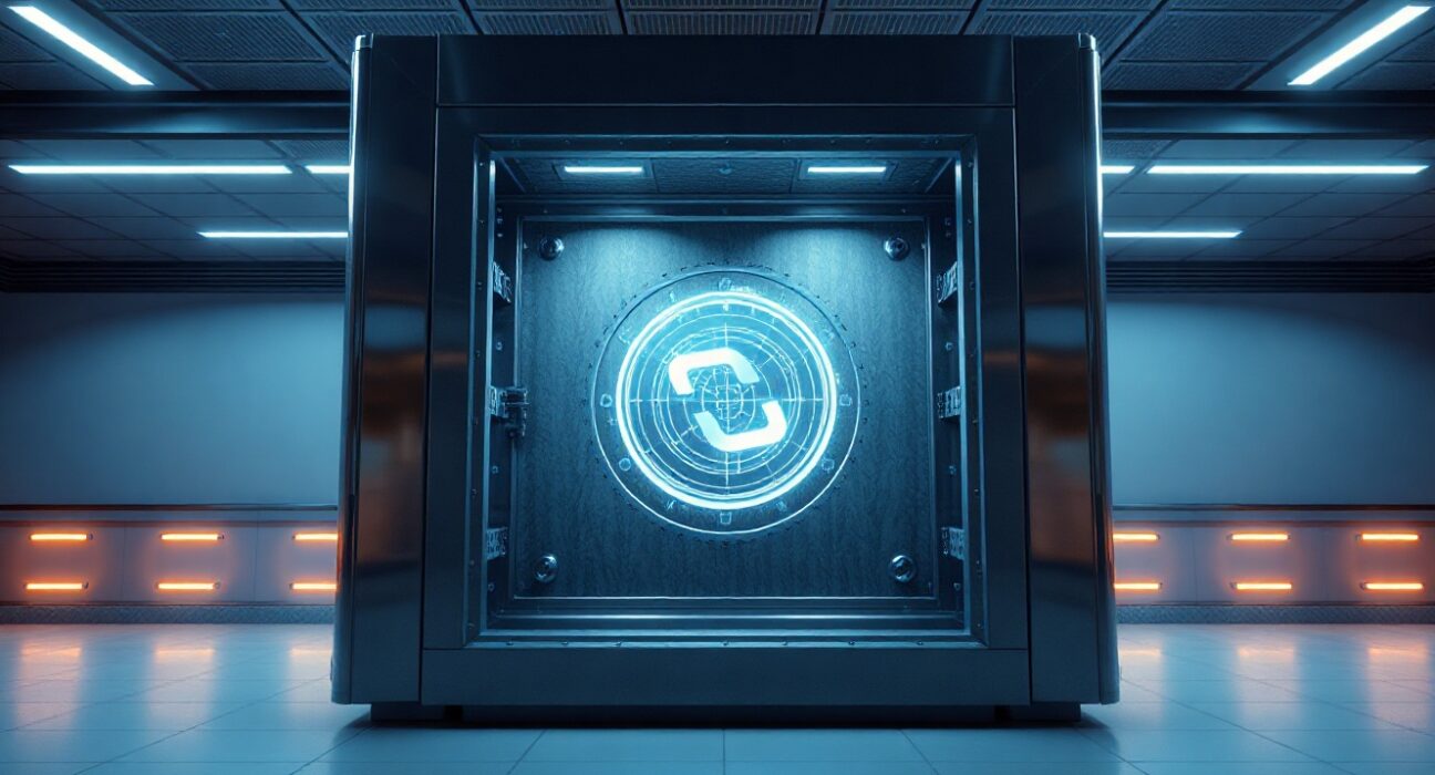 Secure digital vault with glowing chains representing a large Chainlink token transfer