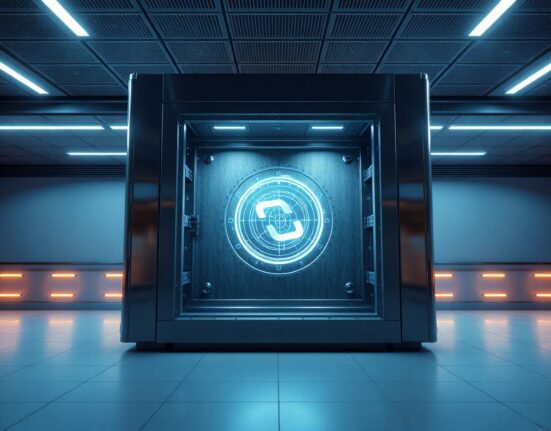 Secure digital vault with glowing chains representing a large Chainlink token transfer