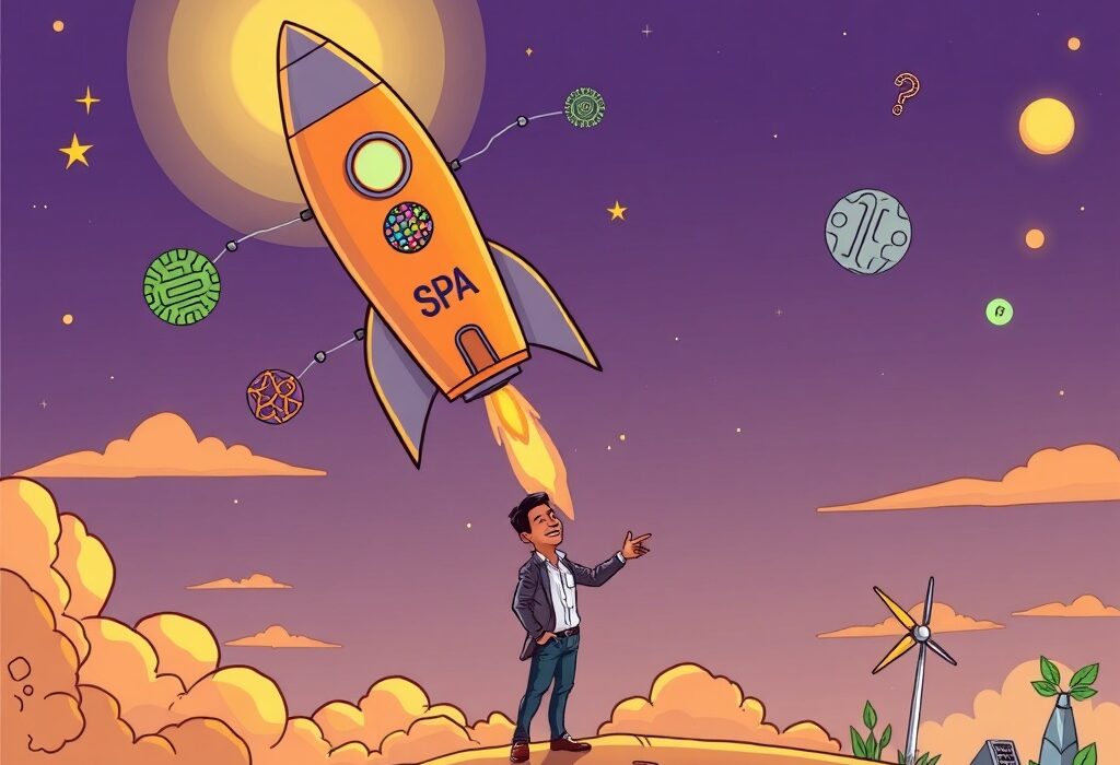 Cartoon of Chamath Palihapitiya launching a new SPAC, aiming for growth in DeFi, AI, defense, and energy sectors.