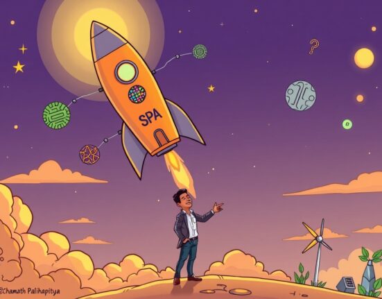 Cartoon of Chamath Palihapitiya launching a new SPAC, aiming for growth in DeFi, AI, defense, and energy sectors.