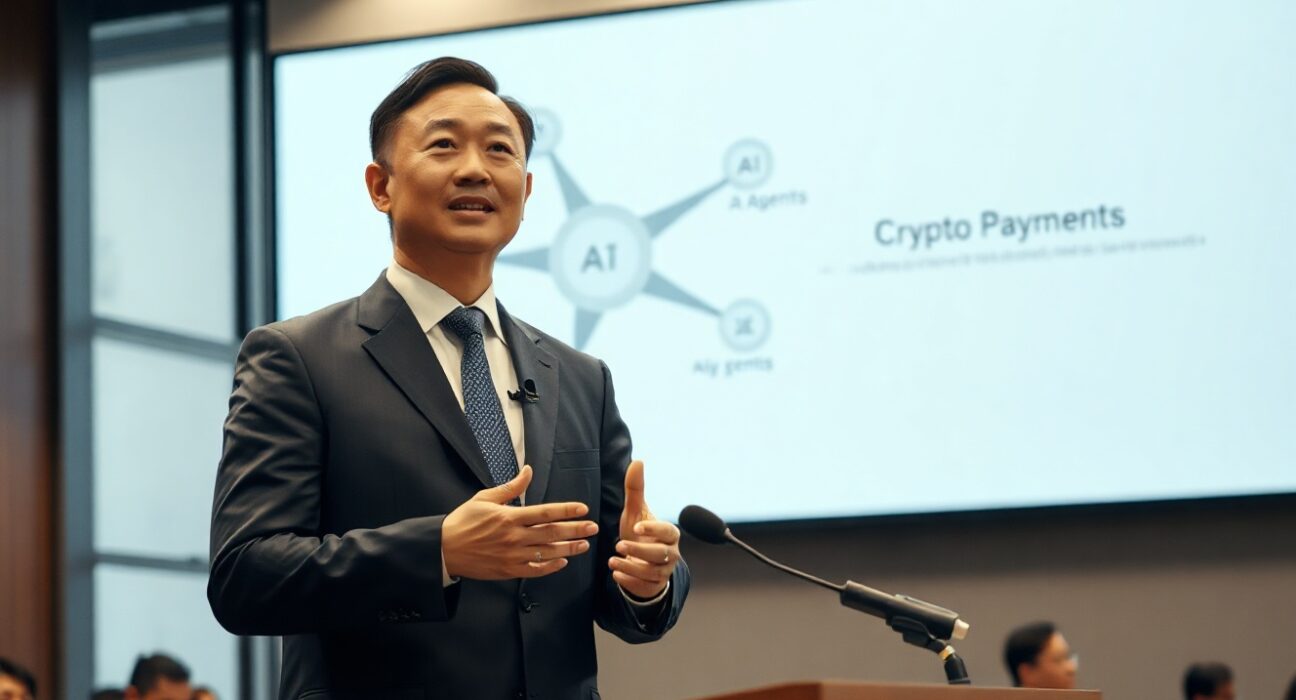 Changpeng Zhao speaking at a conference with a digital screen showing AI and cryptocurrency payment nodes