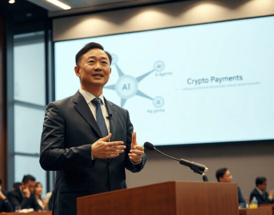 Changpeng Zhao speaking at a conference with a digital screen showing AI and cryptocurrency payment nodes
