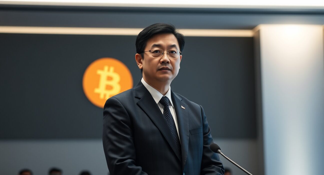 Changpeng Zhao speaking at a conference, with Bitcoin logo in background