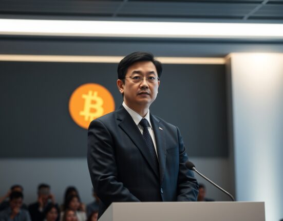Changpeng Zhao speaking at a conference, with Bitcoin logo in background