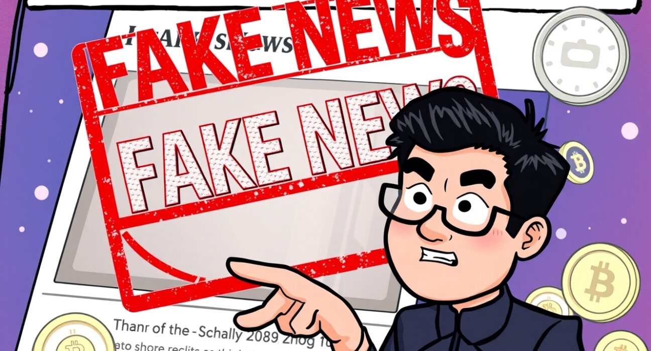 Cartoon illustrating Changpeng Zhao debunking a fake news headline about him selling ASTER tokens, emphasizing clarity amidst crypto rumors.