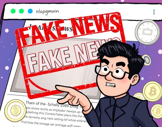 Cartoon illustrating Changpeng Zhao debunking a fake news headline about him selling ASTER tokens, emphasizing clarity amidst crypto rumors.