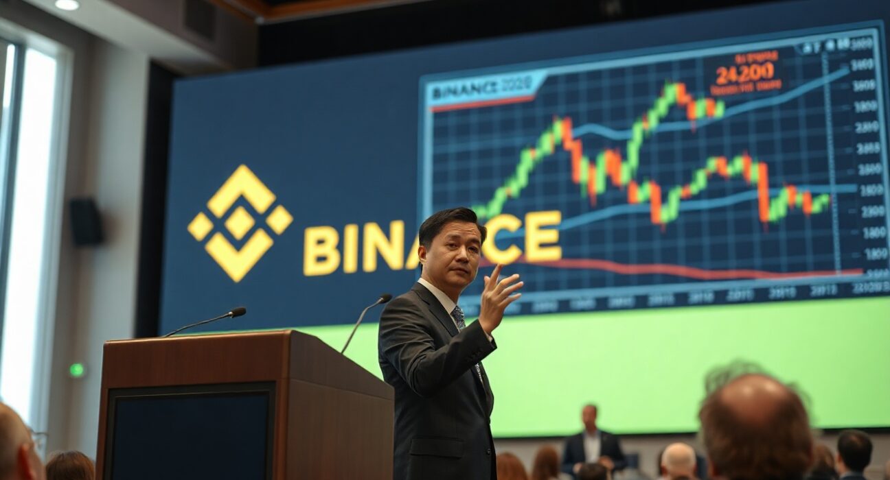 Changpeng Zhao speaking at Miami Consensus 2026 about Binance global liquidity for U.S. investors.