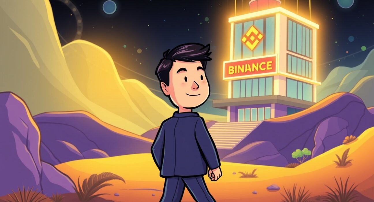 A cartoon illustration depicting the anticipated Changpeng Zhao Binance return to the helm of a major crypto exchange, symbolizing a new era.