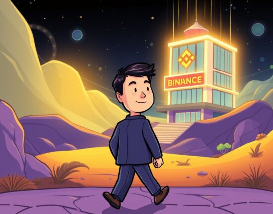 A cartoon illustration depicting the anticipated Changpeng Zhao Binance return to the helm of a major crypto exchange, symbolizing a new era.