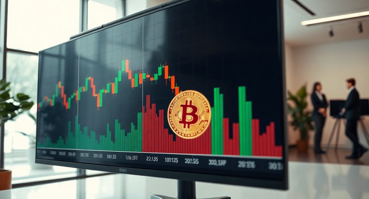 Bitcoin price chart showing a sharp correction in a modern newsroom setting
