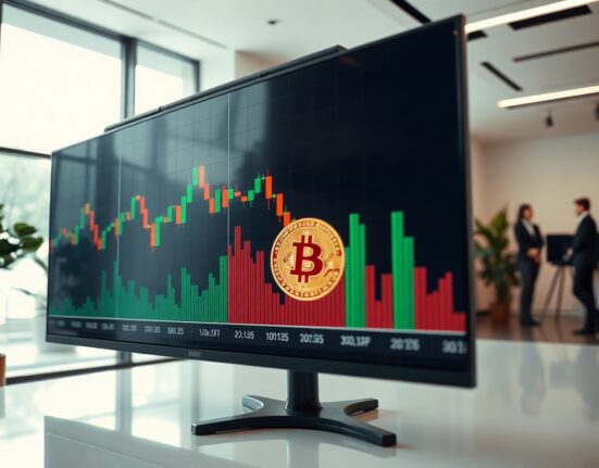 Bitcoin price chart showing a sharp correction in a modern newsroom setting