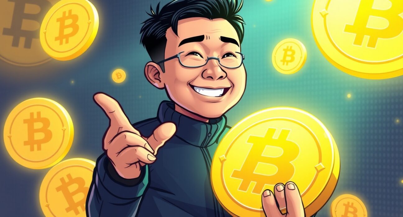 Cartoon illustration of Changpeng Zhao confidently affirming his long-term dedication to his BNB holdings, symbolizing trust in Binance.