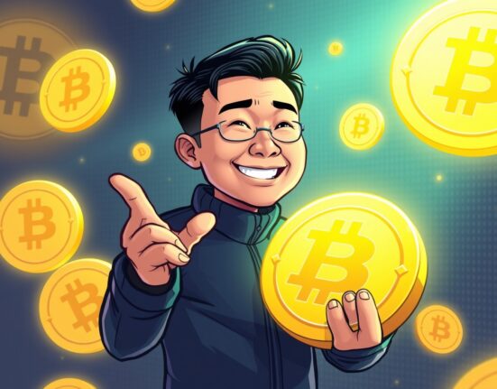 Cartoon illustration of Changpeng Zhao confidently affirming his long-term dedication to his BNB holdings, symbolizing trust in Binance.