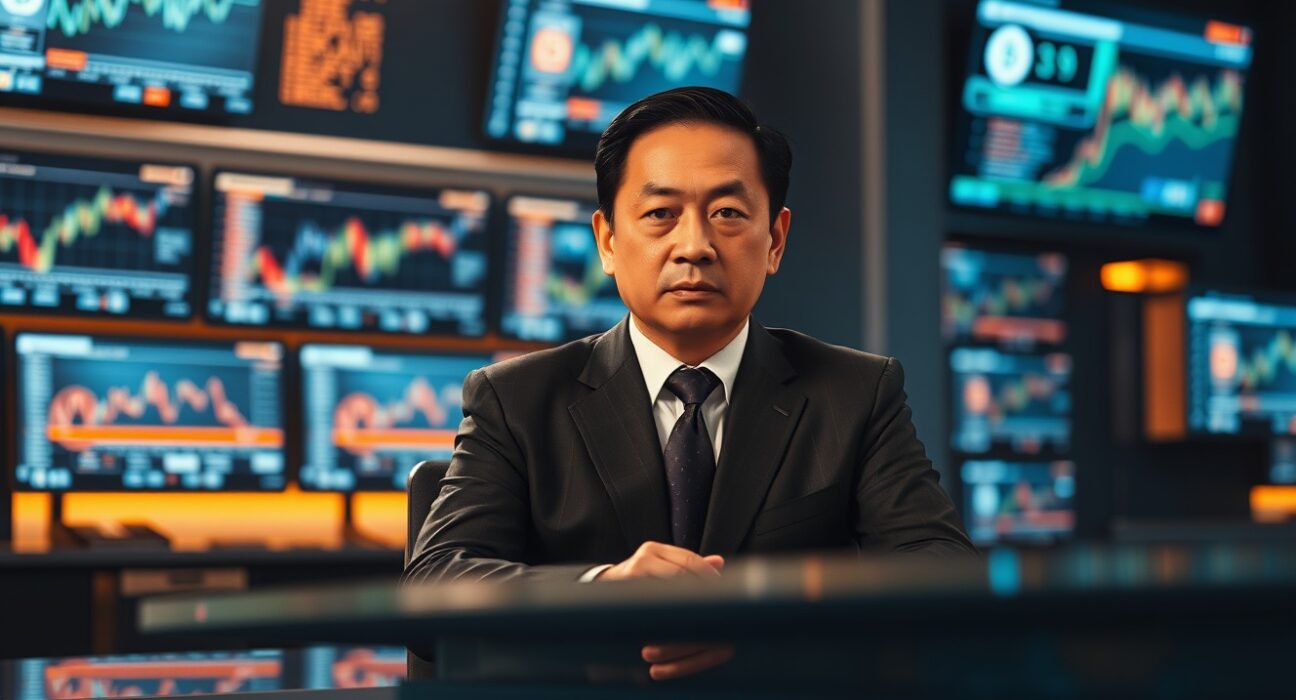 Changpeng Zhao in a serious pose in a dimly lit newsroom, denying knowledge of memecoins.