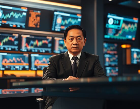 Changpeng Zhao in a serious pose in a dimly lit newsroom, denying knowledge of memecoins.
