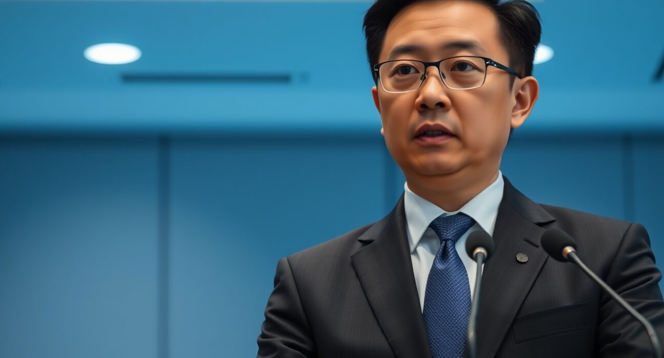 Changpeng Zhao speaking at a press conference, discussing Binance's rejected partnership with Elon Musk's X Money.