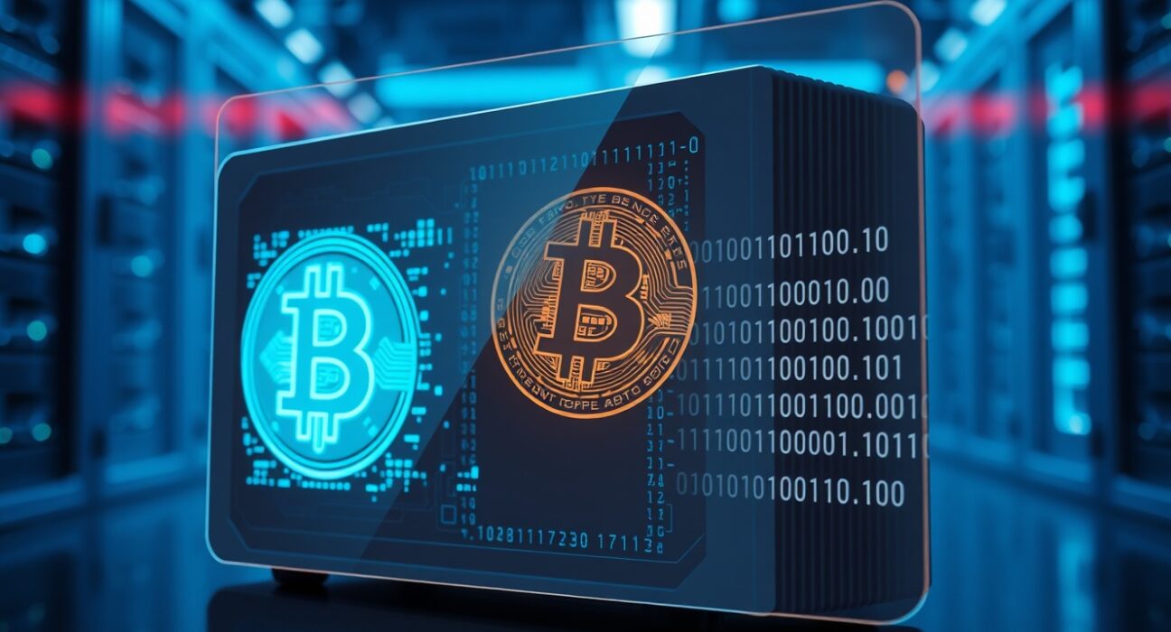 Quantum computer processor with holographic Bitcoin symbol in a high-tech lab