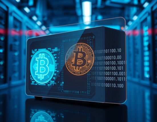 Quantum computer processor with holographic Bitcoin symbol in a high-tech lab